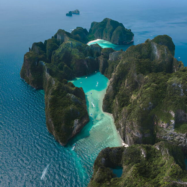 Aerial view of a stunning beach in Phuket, Thailand.